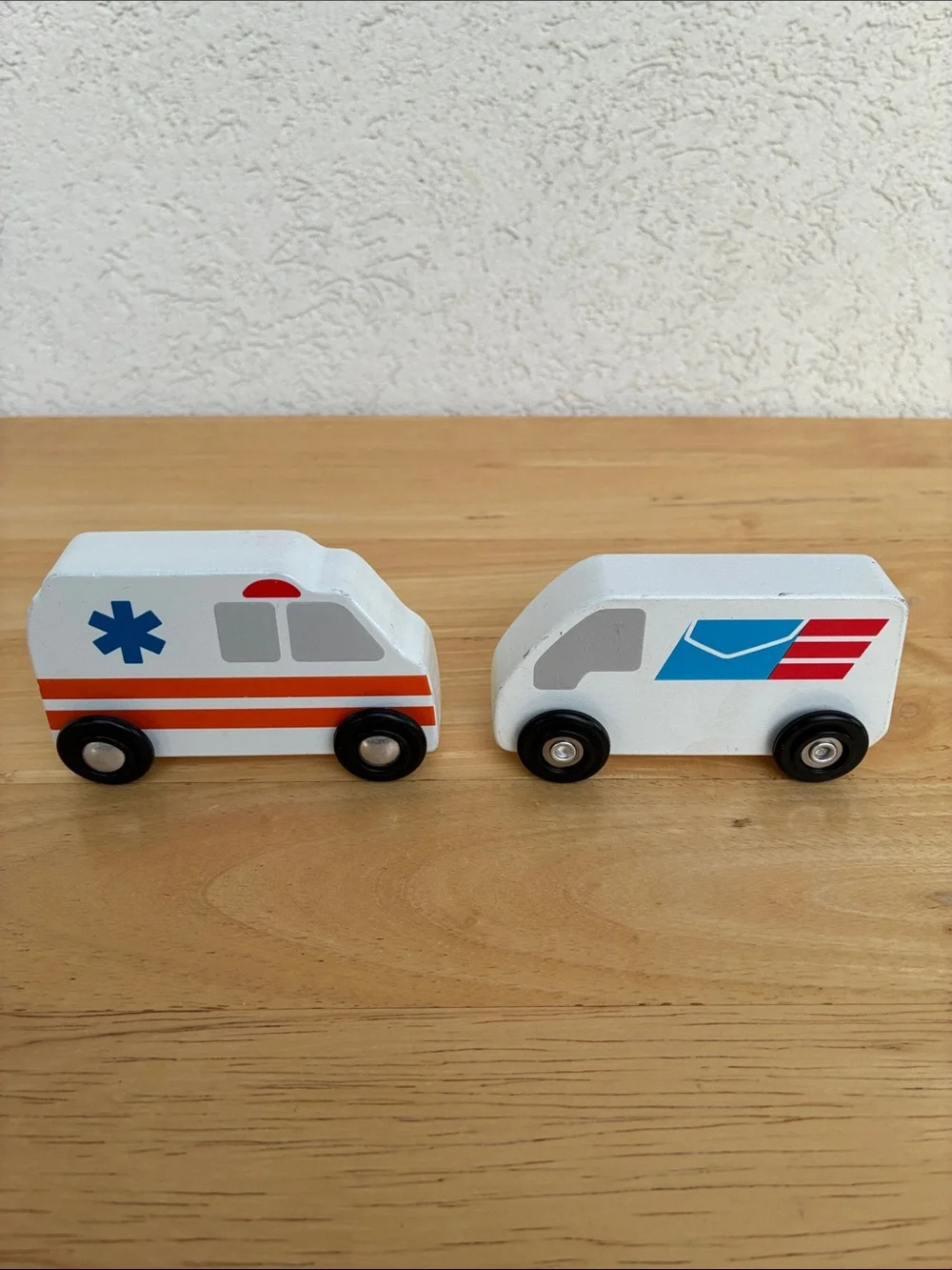 Wooden Emergency & Transport Vehicle Toy Set of 5. Fire bus ambulance plane post